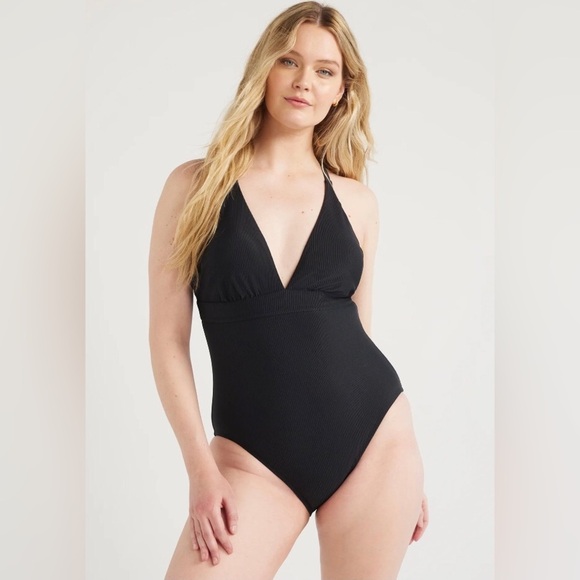 Time And Tru Womens Black Ribbed Plunge X-Back One Piece Swimsuit Size XS - Picture 1 of 10